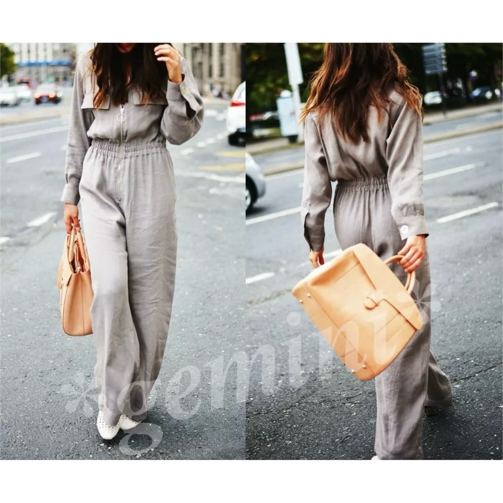 Zara Studio Collection Linen Gray Cargo Jumpsuit size S